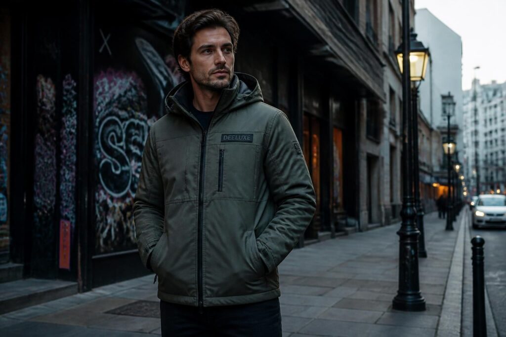 découvrez la veste deeluxe pour homme, alliant style urbain et design contemporain pour un look moderne et tendance en toutes occasions.