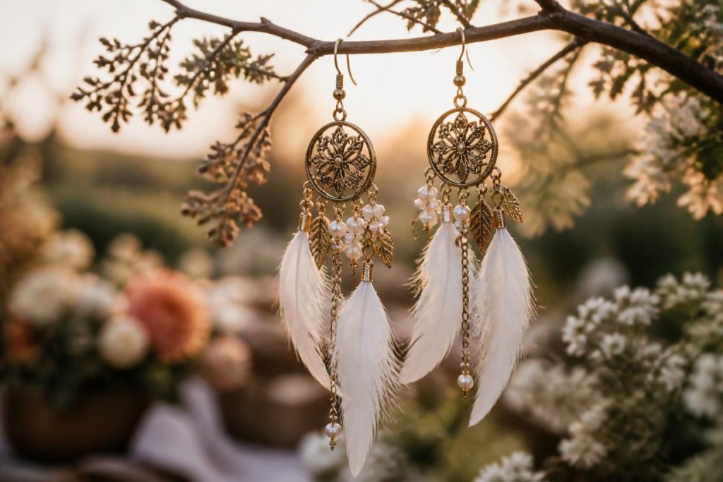 découvrez nos boucles d'oreilles mariage bohème, parfaites pour sublimer votre cérémonie romantique avec élégance et charme naturel.