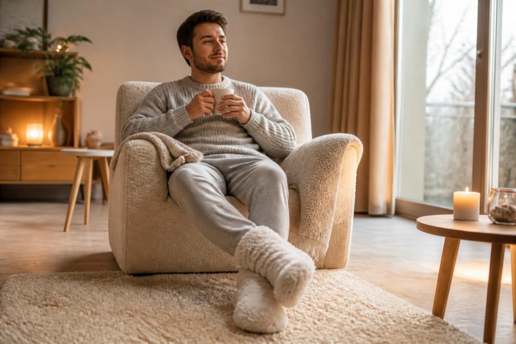 découvrez nos chaussettes moumoute pour homme, alliant confort douillet et chaleur, parfaites pour se détendre chez soi avec style.