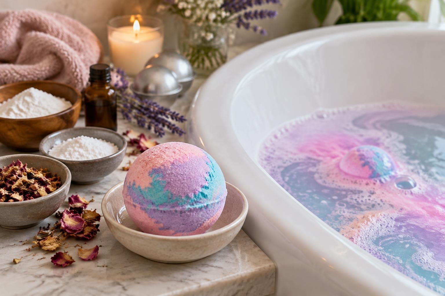 découvrez une recette facile de bombe de bain maison, colorée et parfumée, pour transformer votre bain en un véritable moment de détente.