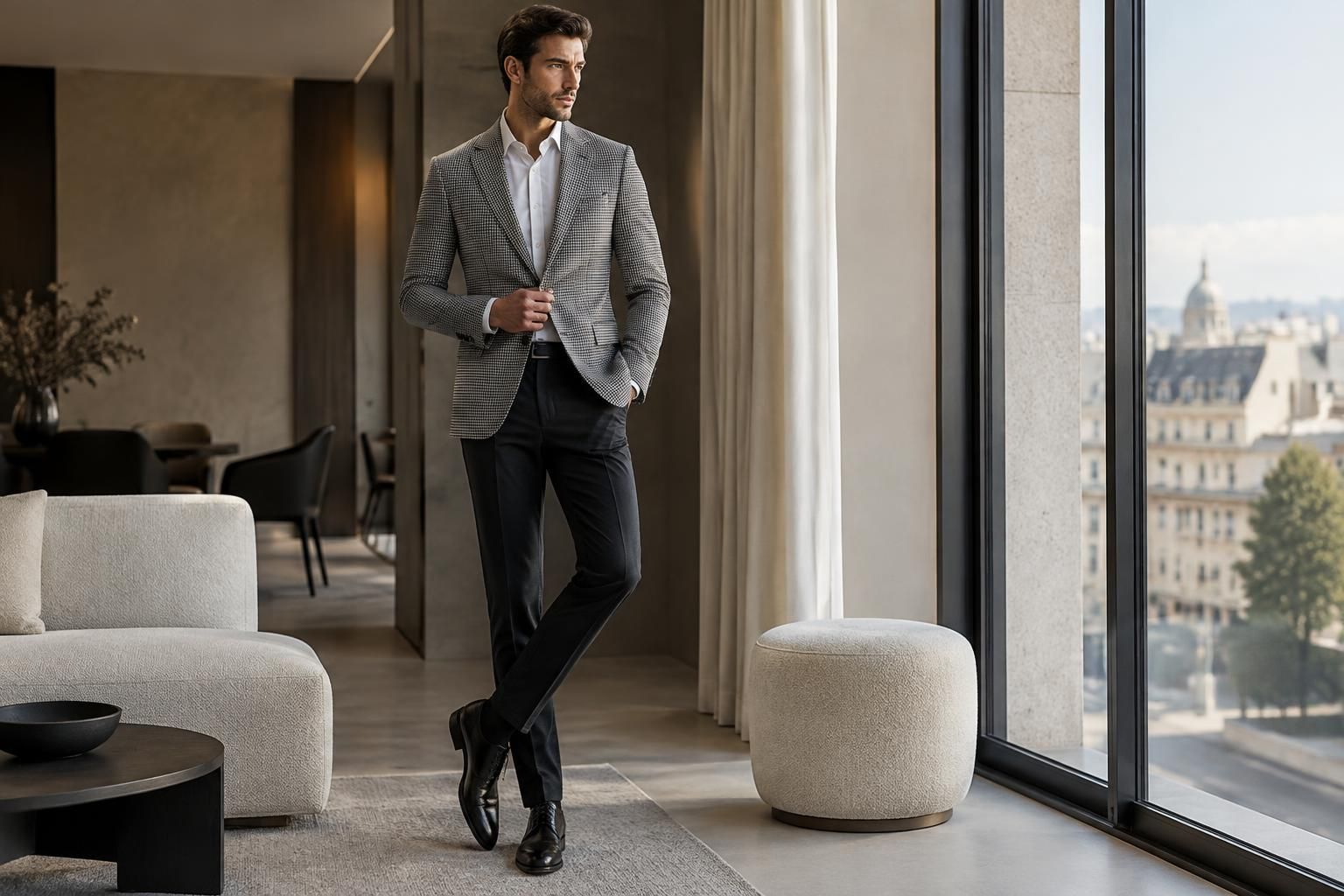 adoptez la veste homme pied de poule : une pièce élégante et originale pour affirmer votre style, au bureau comme lors de vos sorties.